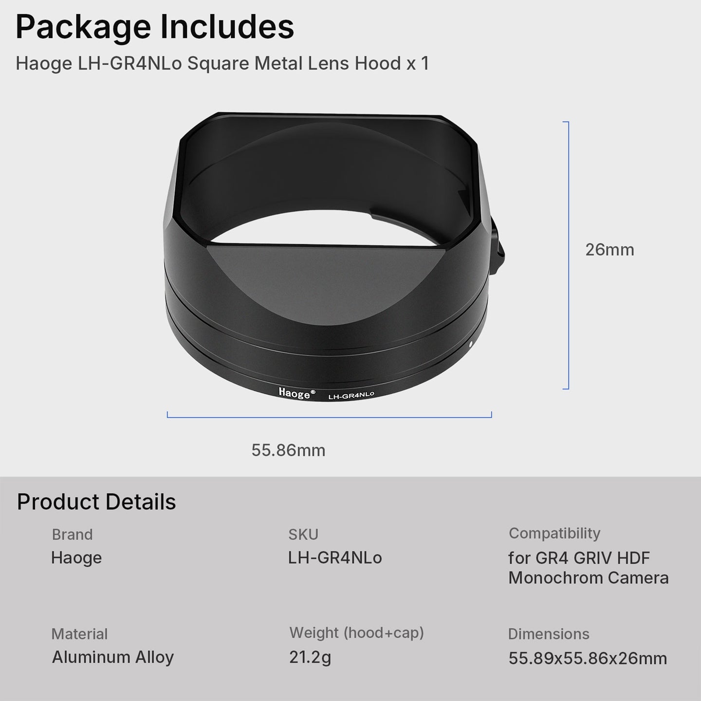 Haoge New Version Metal Square Lens Hoods for RICOH GR4 GR IV HDF GR IV Monochrome Camera Accessories Locking installation design LH-GR4NLo