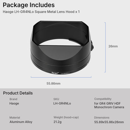 Haoge New Version Metal Square Lens Hoods for RICOH GR4 GR IV HDF GR IV Monochrome Camera Accessories Locking installation design LH-GR4NLo