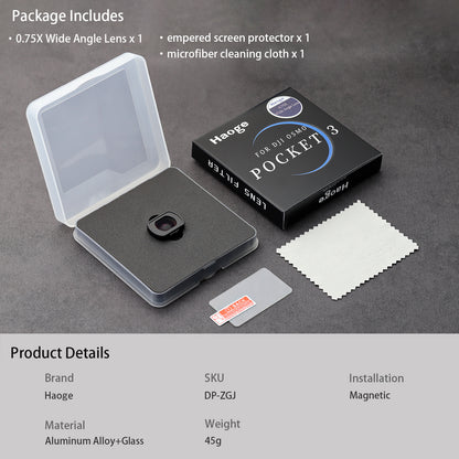 Haoge Magnetic 0.75X Wide Angle Lens for DJI Osmo Pocket 3,Expanded FOV of 108°, Dual-Sided Anti-Reflective Coating Lens with Screen Protector