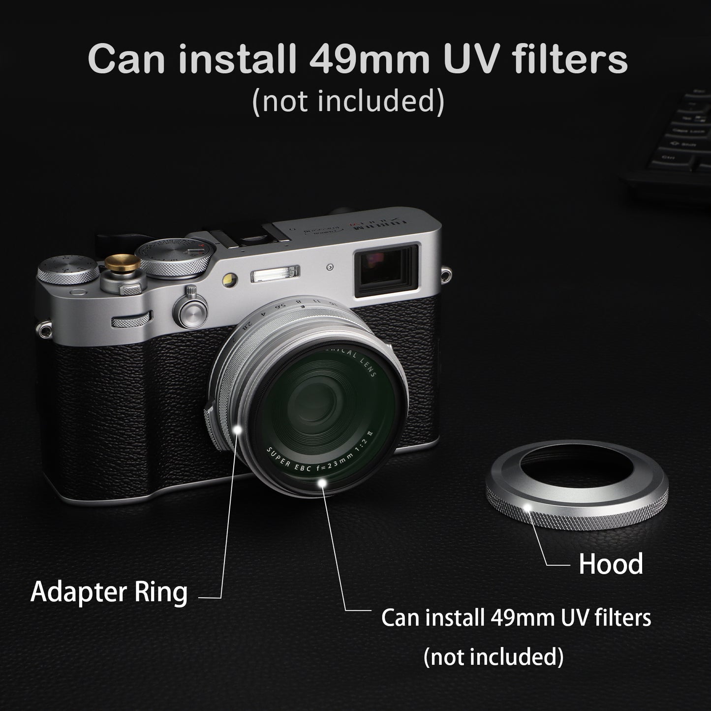 Haoge LH-X51W 2in1 オールメタル 超薄型レンズフード アダプターリングセット付き Fuji Fujifilm FinePix X100V X100VIカメラ用 シルバー