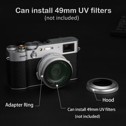 Haoge LH-X51W 2in1 オールメタル 超薄型レンズフード アダプターリングセット付き Fuji Fujifilm FinePix X100V X100VIカメラ用 シルバー