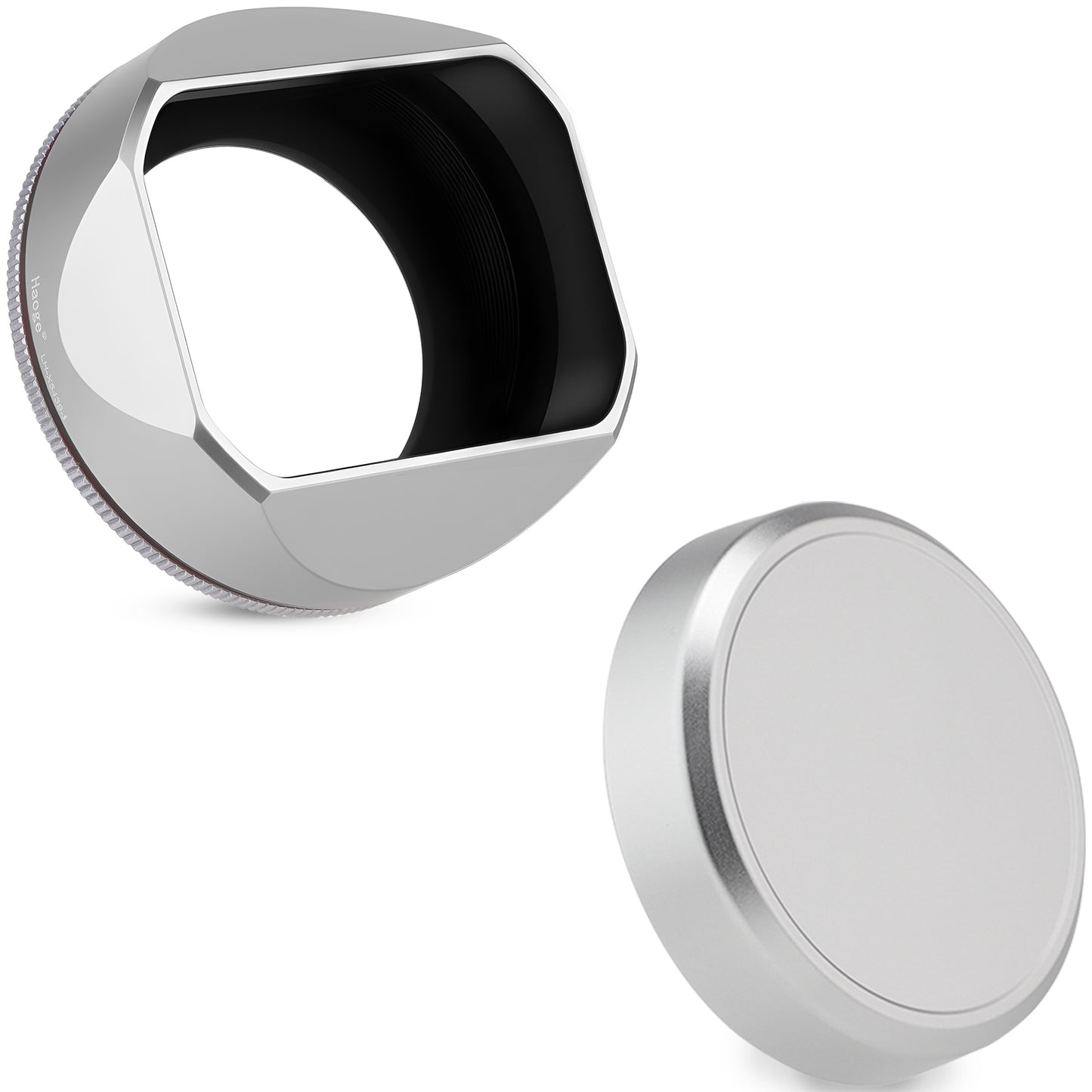 Haoge Squaret Metal Lens Hood for Fujifilm XF23mm F2.8 on XE5 Cemera Body kit Fujinon XF27mmF2.8 R WR Lense 39mm Screw-in Hood Silver ,With Metal Cap