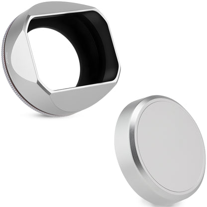 Haoge Squaret Metal Lens Hood for Fujifilm XF23mm F2.8 on XE5 Cemera Body kit Fujinon XF27mmF2.8 R WR Lense 39mm Screw-in Hood Silver ,With Metal Cap