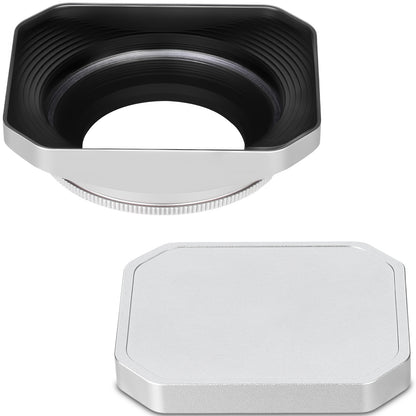 Haoge Squaret Metal Lens Hood  for Fujifilm XF23mm F2.8 on XE5 Cemera Body kit & Fujinon XF27mmF2.8 R WR Lense ,With Metal Cap,39mm Screw-in Hood Silver
