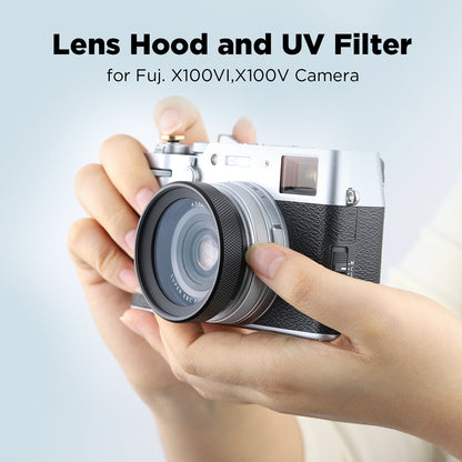 Haoge LUV-X54B メタルレンズフード MC UVカット マルチコート 紫外線レンズフィルター付き Fujifilm Fuji X100Vカメラ用 ブラック