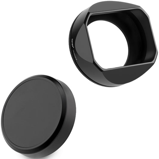 Haoge Metal Squaret Lens Hood for Fujifilm X-E5 & XF 23mm f2.8 set Fujinon XF27mmF2.8 R WR Lense 39mm Screw-in Hood Black,With Metal Cap, on XE5 Camera Body Kit