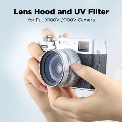 Haoge LUV-X54W Metal Lens Hood with MC UV Protection Multicoated Ultraviolet Lens Filter for Fujifilm X100VI Fuji X100V Camera Silver