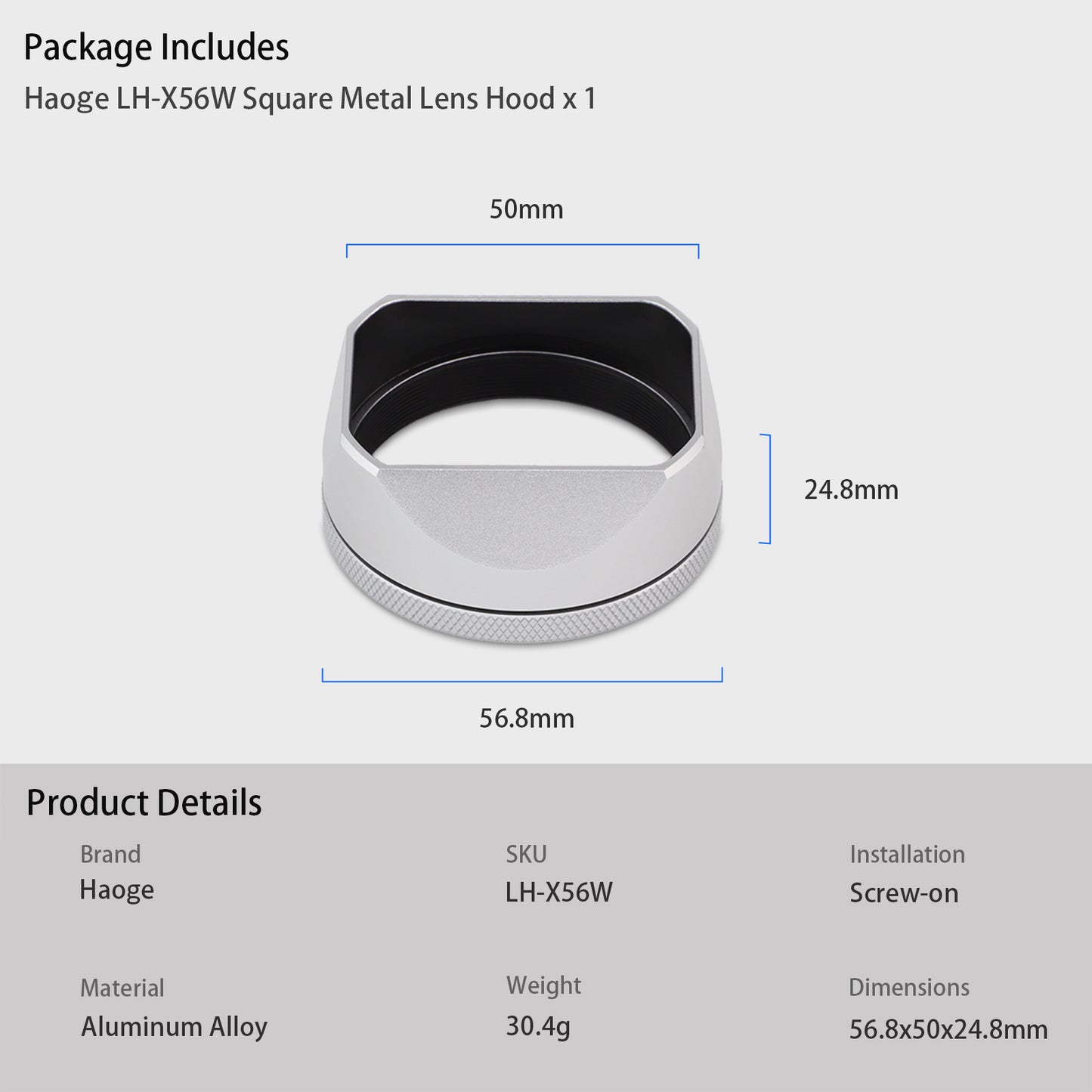 Haoge LH-X54W Square Metal Lens Hood with 49mm Adapter Ring for Fujifilm Fuji X100VI x100v Camera Silver