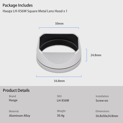 Haoge LH-X54W Square Metal Lens Hood with 49mm Adapter Ring for Fujifilm Fuji X100VI x100v Camera Silver