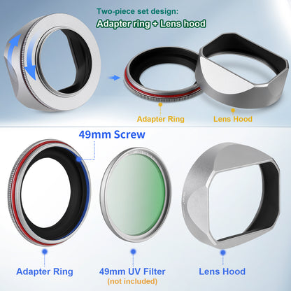 Haoge Squaret Metal Lens Hood for Fujifilm XF23mm F2.8 on XE5 Cemera Body kit Fujinon XF27mmF2.8 R WR Lense 39mm Screw-in Hood Silver ,With Metal Cap