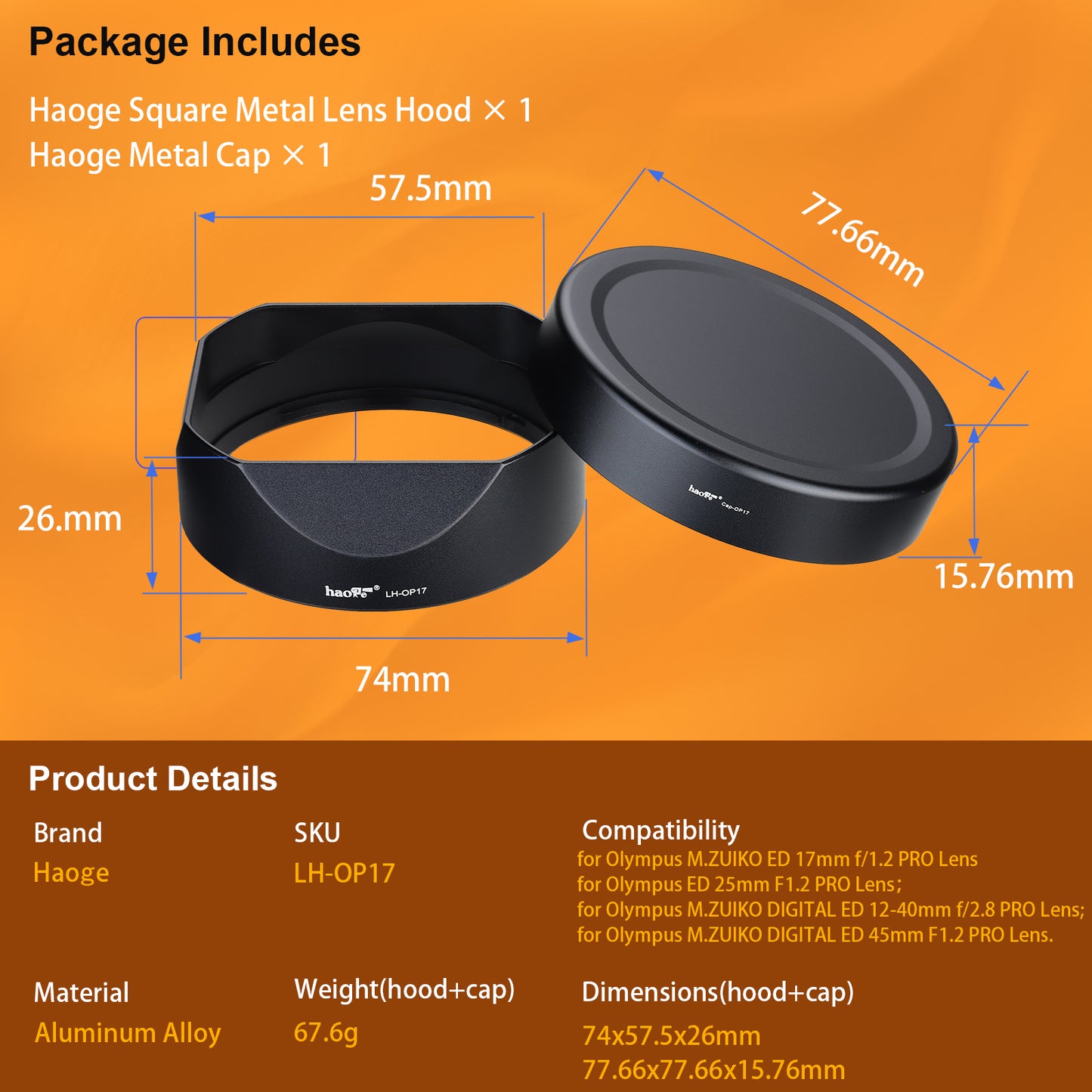 Haoge LH-OP17 Square Metal Lens Hood Shade for Olympus M.ZUIKO ED 17mm f/1.2 PRO Lens 17MM F1.2
