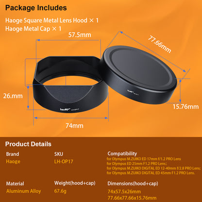 Haoge Square Metal Lens Hood Shade for Olympus M.ZUIKO ED 25mm f/1.2 PRO Lens 25MM F1.2