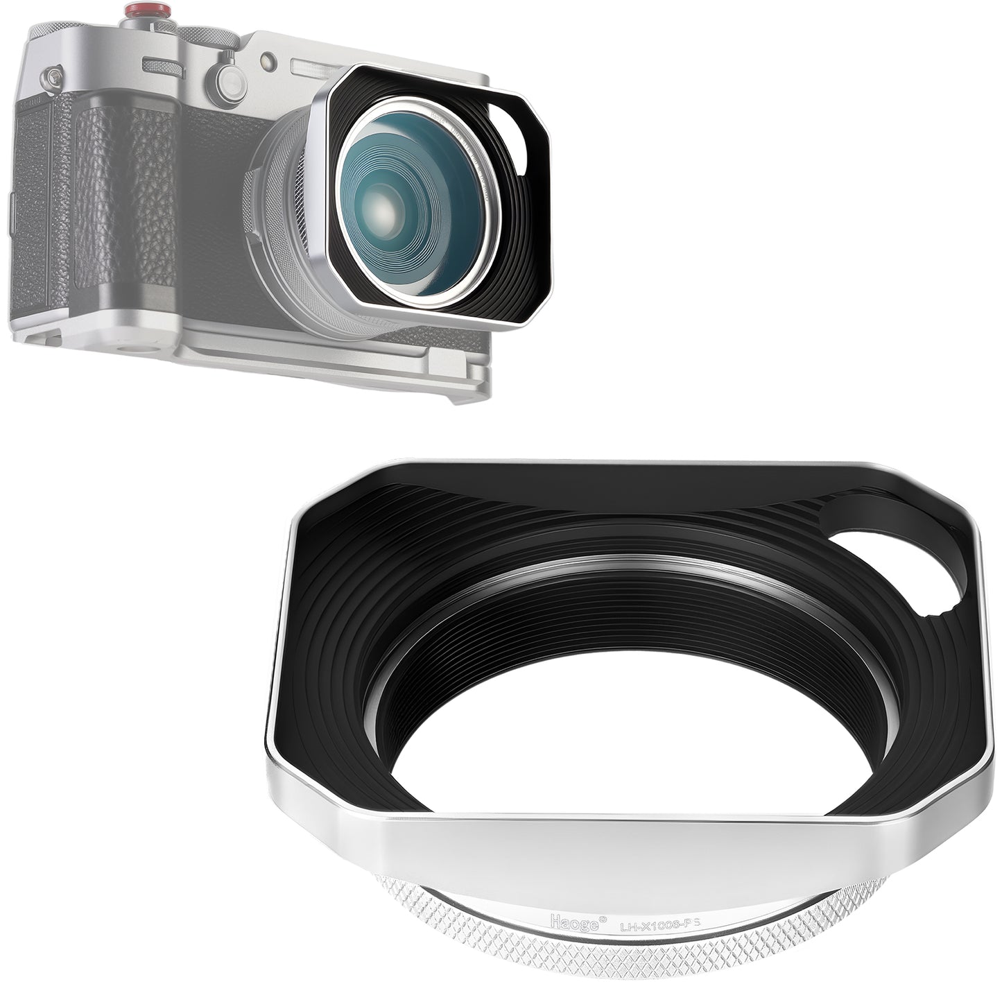 Haoge Square Metal Lens Hood for Fujifilm X100VI Fuji X100V X100F X100T X100S X70 Fuji Photo Camera Accessories Silver with 49mm Uv Filter Adapter Ring Hollow Out Designed LH-X1006-PS