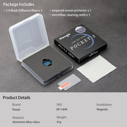 Haoge Magnetic Black Diffusion 1/4 Effect Filter for DJI Osmo Pocket 3 Creator Combo,Lightweight Multi-Coated Lens,Softens Highlights & Reduces Contrast