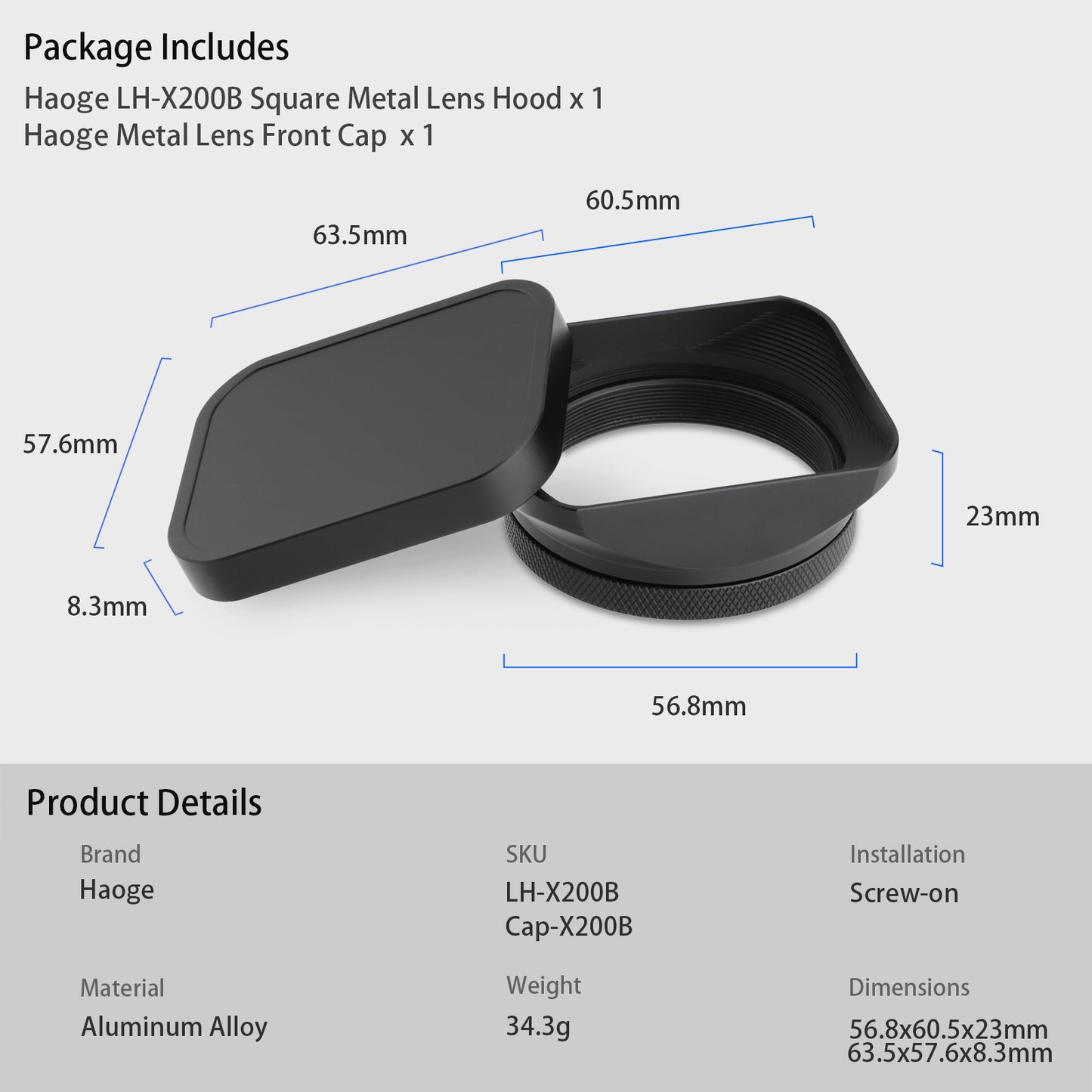 Haoge LH-X200B Square Metal Lens Hood with 49mm Adapter Ring for Fujifilm Fuji X100VI X100V X100F X100T X100S X100 X70 Fuji Photo Camera Accessories Black