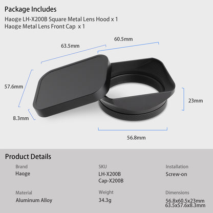 Haoge LH-X200B Square Metal Lens Hood with 49mm Adapter Ring for Fujifilm Fuji X100VI X100V X100F X100T X100S X100 X70 Fuji Photo Camera Accessories Black