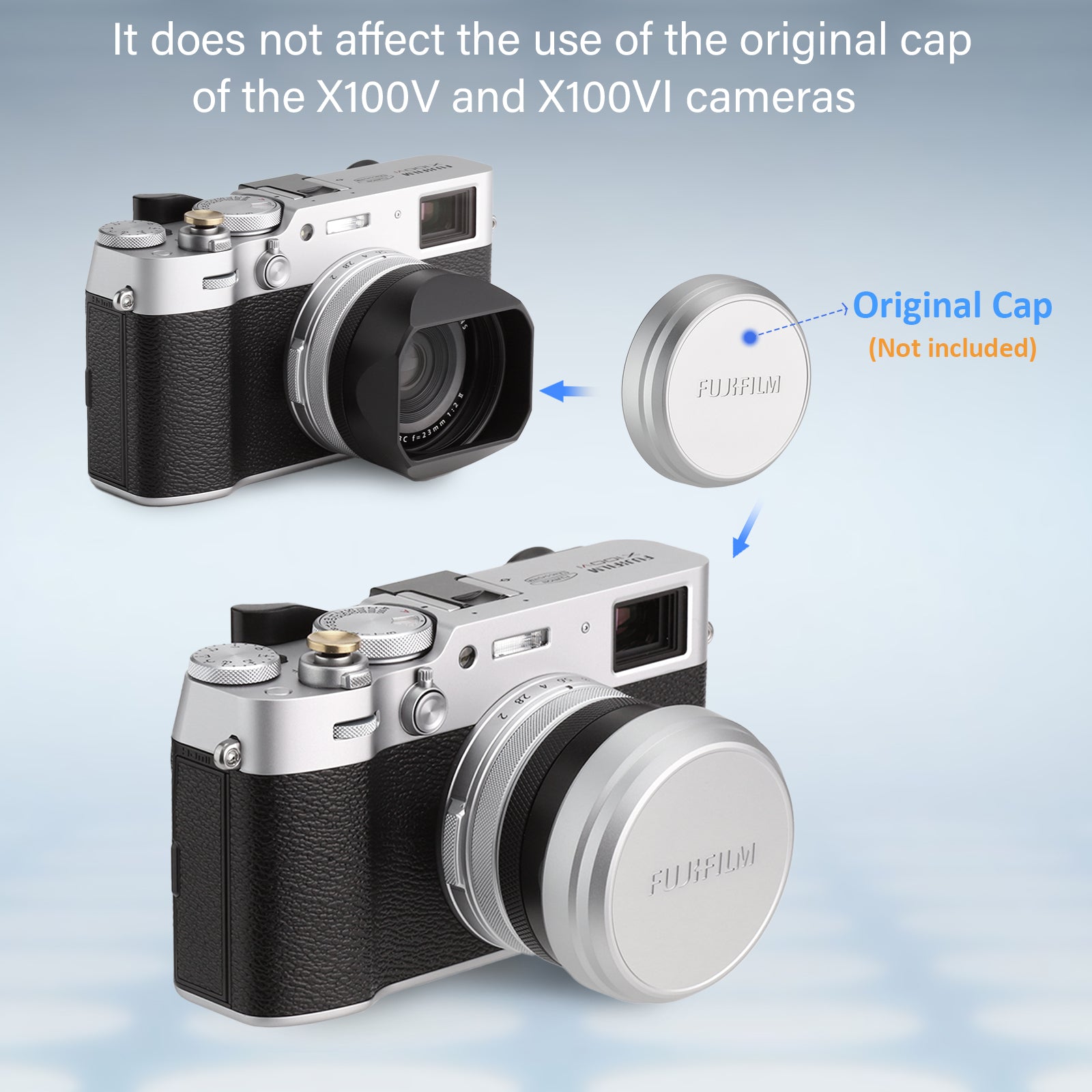 Haoge LH-X54B Vierkante metalen lenskap met 49 mm adapterring voor de Fujifilm X100VI Fuji X100V camera, zwart Haoge LH-X54B Vierkante metalen lenskap met 49 mm adapterring voor de Fujifilm X100VI Fuji X100V camera, zwart