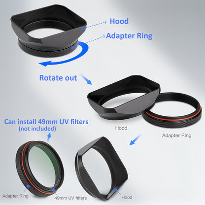 Haoge LH-X200B Square Metal Lens Hood with 49mm Adapter Ring for Fujifilm Fuji X100VI X100V X100F X100T X100S X100 X70 Fuji Photo Camera Accessories Black