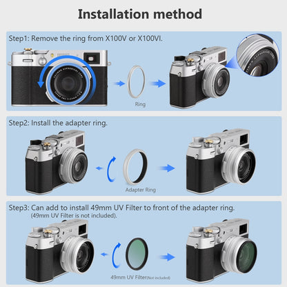 Haoge 49mm Lens Filter Adapter Ring for Fujifilm Fujinon X100VI X100V Camera fit 49mm UV CPL ND Filter Fit Original Lens Cap Silver LAR-X55S