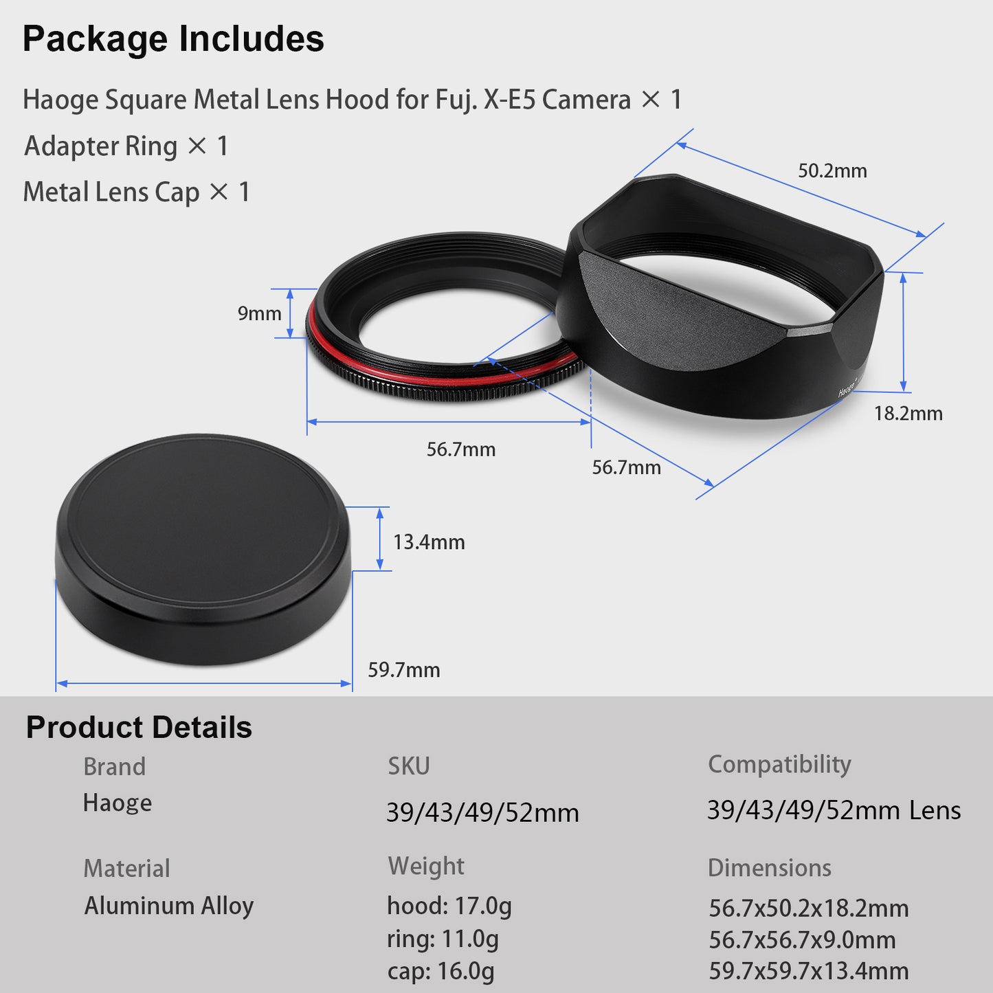 Haoge 43mm Metal Square Lens Hood for Voigtlander ULTRON 27mm F2 Aspherical Fujifilm X-mount Lens,COLOR-SKOPAR 18mm f/2.8 Aspherical X-mount Lens