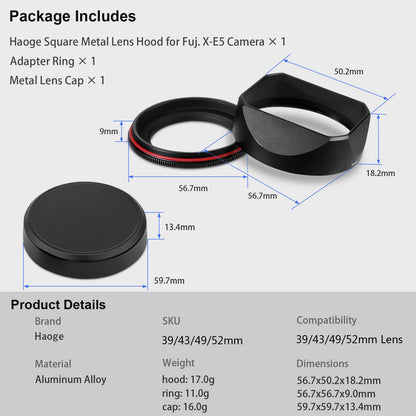 Haoge 43mm Metal Square Lens Hood for Voigtlander ULTRON 27mm F2 Aspherical Fujifilm X-mount Lens,COLOR-SKOPAR 18mm f/2.8 Aspherical X-mount Lens