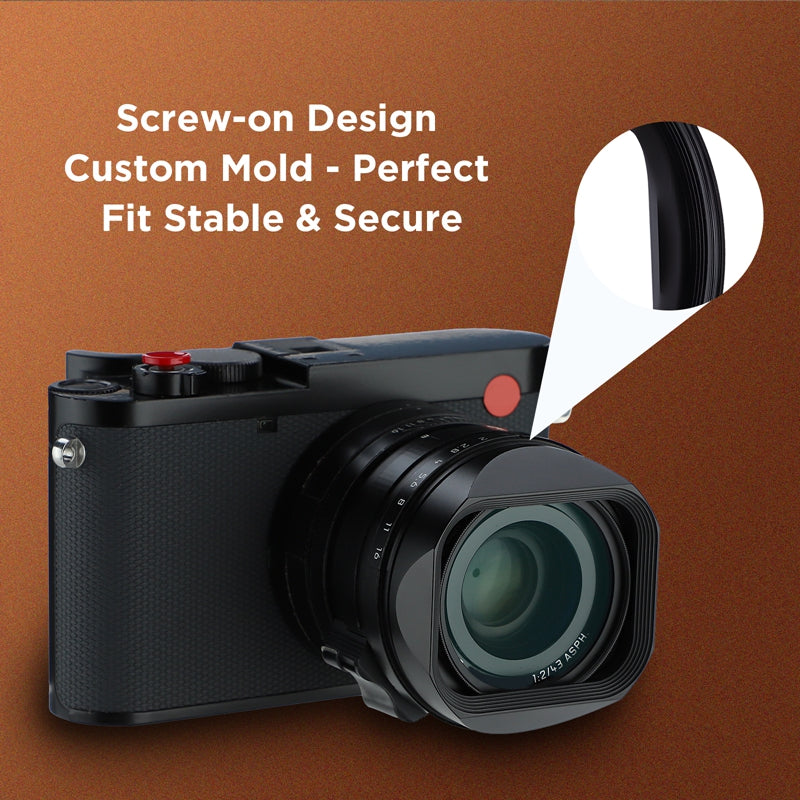 Haoge Metal Square Lens Hood for Leica Q3-28 Q2 Q QP TYP116 Camera Accessories Ultra Slim Screw-in Design 49mm UV Compatible LH-LQ343-13N