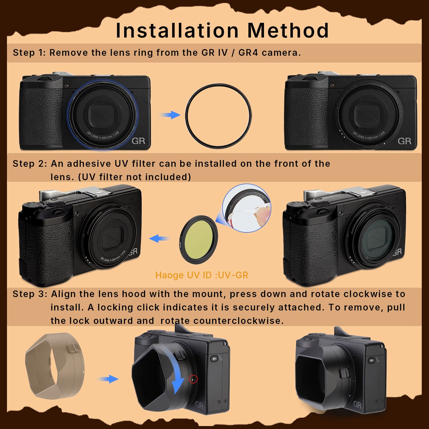 Haoge New Version Metal Square Lens Hoods for RICOH GR4 GR IV HDF GR IV Monochrome Camera Accessories Locking installation design LH-GR4NLo