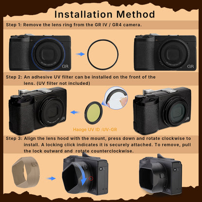 Haoge New Version Metal Square Lens Hoods for RICOH GR4 GR IV HDF GR IV Monochrome Camera Accessories Locking installation design LH-GR4NLo