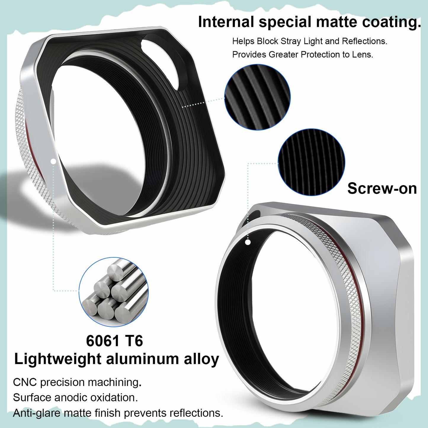 Haoge Square Metal Lens Hood for Fujifilm X100VI Fuji X100V X100F X100T X100S X70 Fuji Photo Camera Accessories Silver with 49mm Uv Filter Adapter Ring Hollow Out Designed LH-X1006-PS