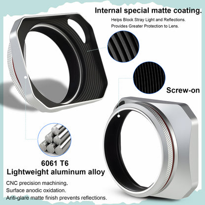 Haoge Square Metal Lens Hood for Fujifilm X100VI Fuji X100V X100F X100T X100S X70 Fuji Photo Camera Accessories Silver with 49mm Uv Filter Adapter Ring Hollow Out Designed LH-X1006-PS