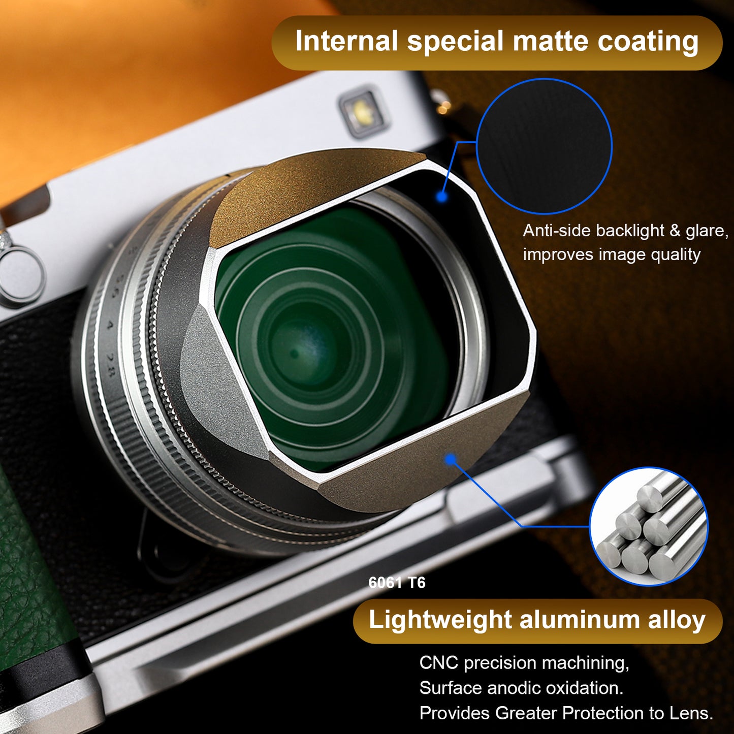 Haoge Squaret Metal Lens Hood for Fujifilm XF23mm F2.8 on XE5 Cemera Body kit Fujinon XF27mmF2.8 R WR Lense 39mm Screw-in Hood Silver ,With Metal Cap