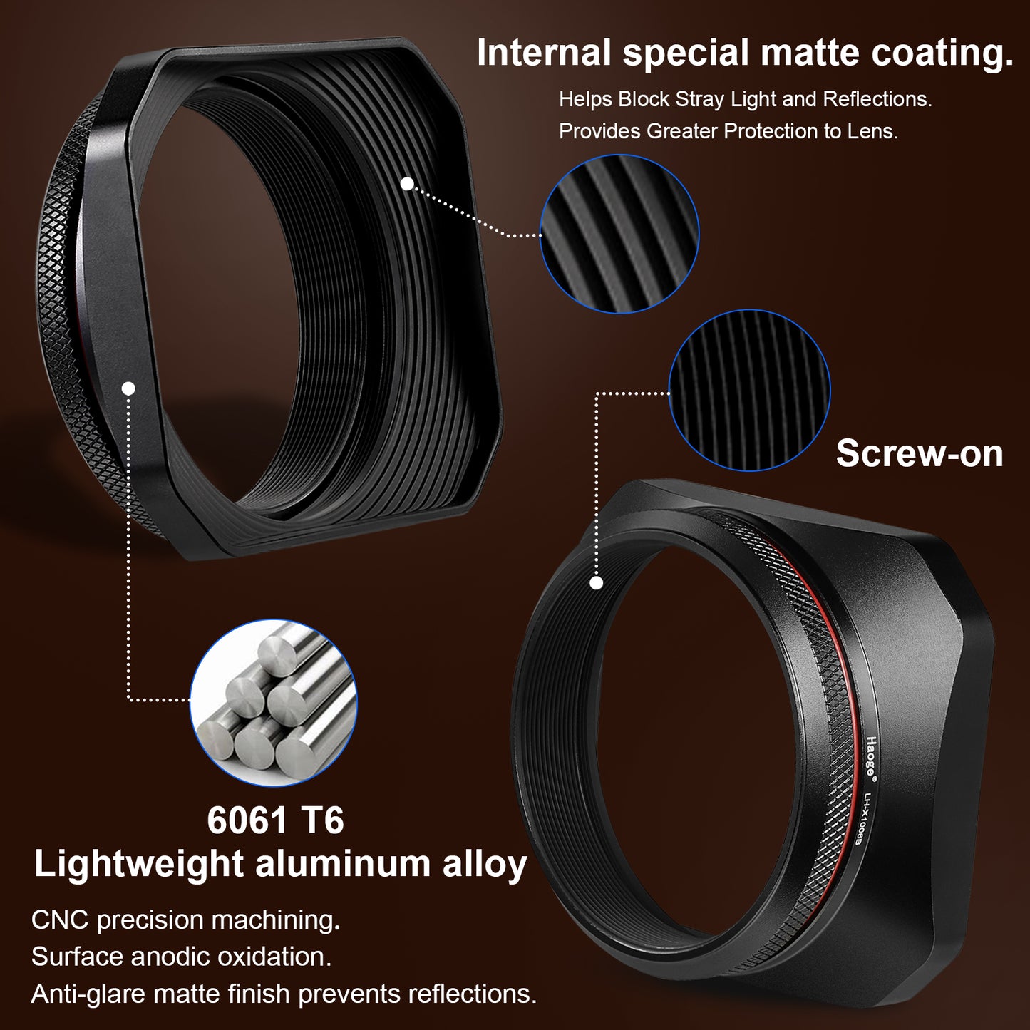 Haoge Square Metal Lens Hood with 49mm Uv Filter Adapter Ring for Fujifilm X100VI Fuji X100V X100F X100T X100S X70 Fuji Photo Camera Accessories LH-X1006B Black