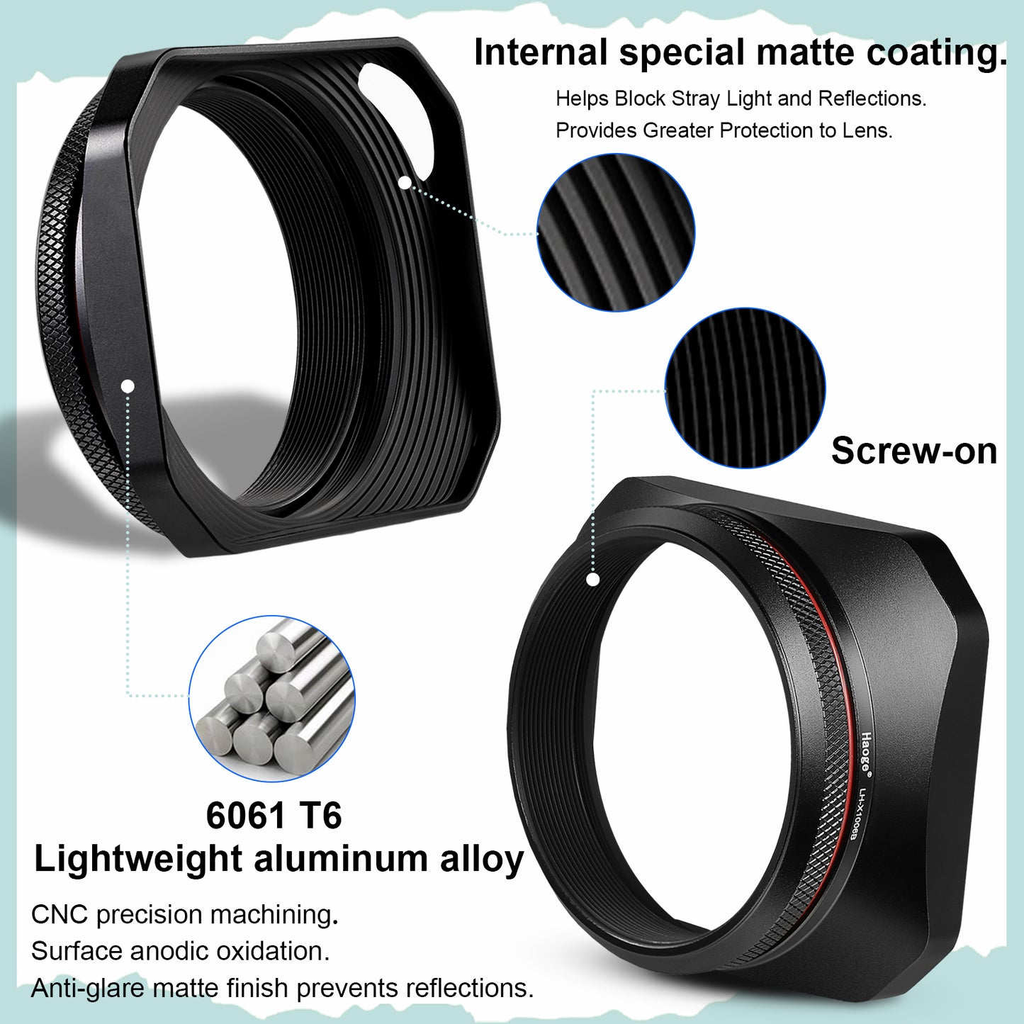 Haoge Square Metal Lens Hood with 49mm Uv Filter Adapter Ring for Fujifilm X100VI Fuji X100V X100F X100T X100S X70 Fuji Photo Camera Accessories Hollow Out Designed Black