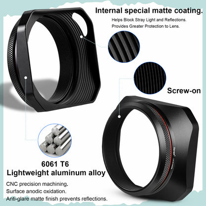 Haoge Square Metal Lens Hood with 49mm Uv Filter Adapter Ring for Fujifilm X100VI Fuji X100V X100F X100T X100S X70 Fuji Photo Camera Accessories Hollow Out Designed Black