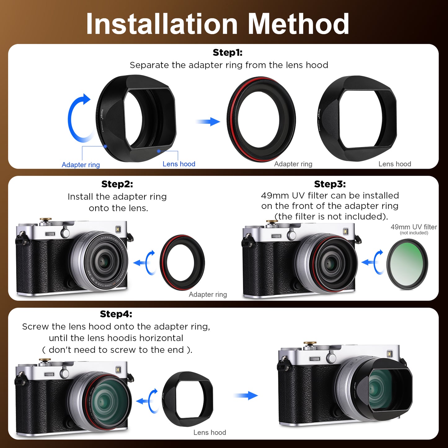 Haoge Metal Squaret Lens Hood for Fujifilm X-E5 & XF 23mm f2.8 set Fujinon XF27mmF2.8 R WR Lense 39mm Screw-in Hood Black,With Metal Cap, on XE5 Camera Body Kit