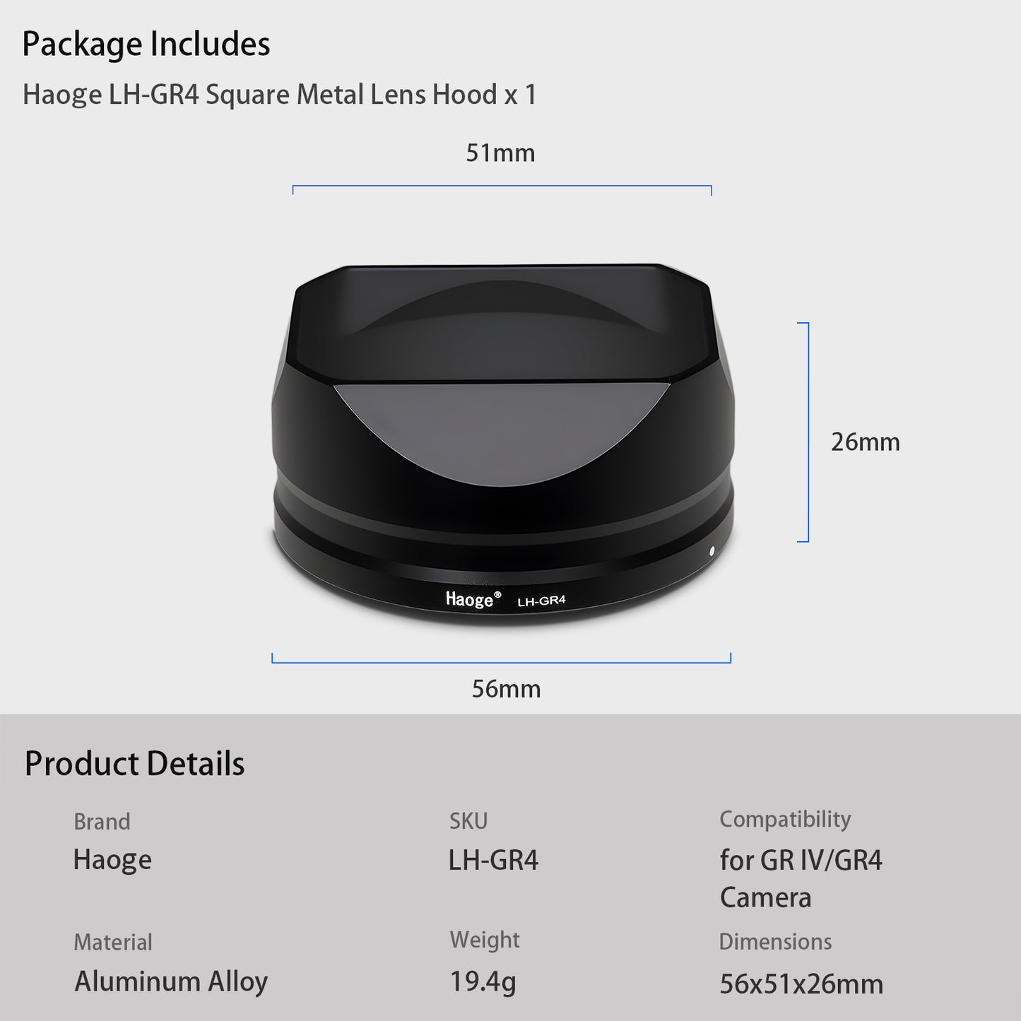 Haoge Metal Square Lens Hoods for RICOH GRIV GR4 Camera Accessories LH-GR4