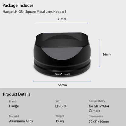 Haoge Metal Square Lens Hoods for RICOH GRIV GR4 Camera Accessories LH-GR4