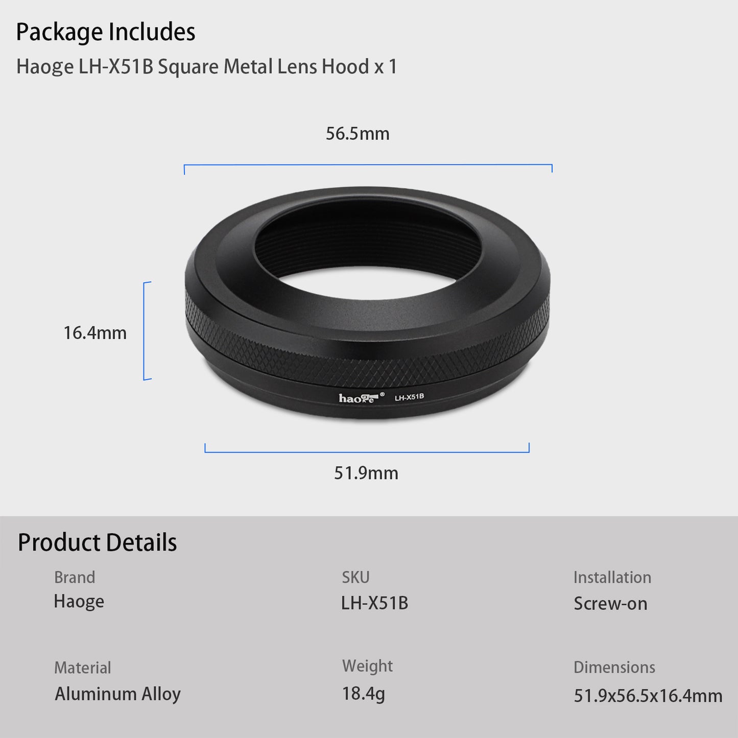 Haoge LH-X51B 2in1 All Metal Ultra-Thin Lens Hood with Adapter Ring Set for Fuji Fujifilm FinePix X100V X100VI Camera Black