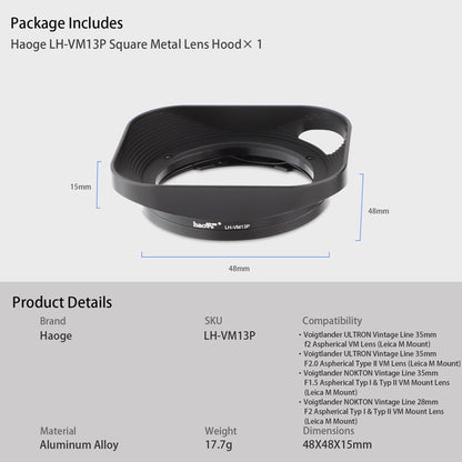 Haoge LH-VM13P Bayonet Square Metal Lens Hood Shade with Hollow Out Designed for Voigtlander 35mm f2 1:2/35 ULTRON Aspherical Vintage Line VM Lens replace LH-12