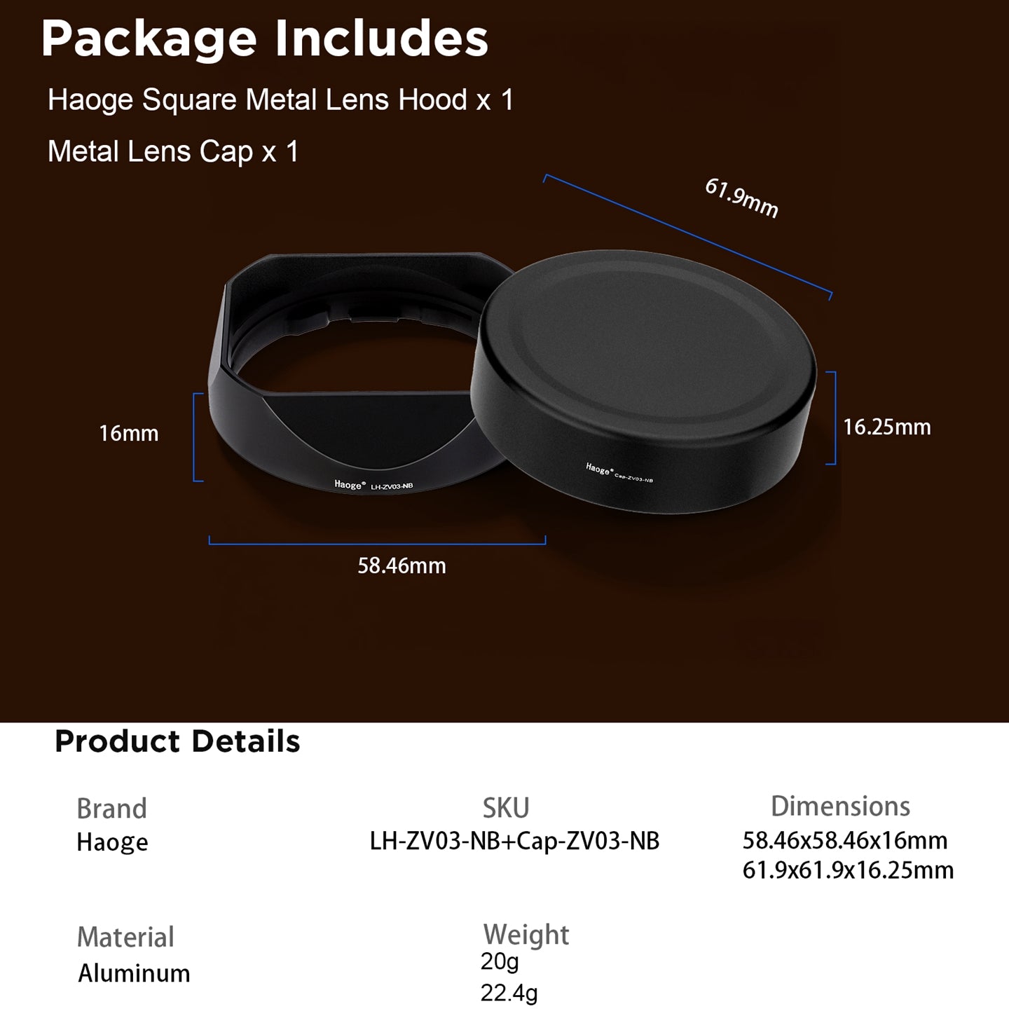 Haoge New Square Metal Lens Hood for Carl Zeiss C Sonnar T* 1.5/50 50mm f1.5 ZM, Biogon T* 2.8/25 25mm f2.8 ZM, 2.8/28 28mm f2.8 ZM Lens LH-ZV03-NB