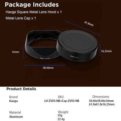 Haoge New Square Metal Lens Hood for Carl Zeiss C Sonnar T* 1.5/50 50mm f1.5 ZM, Biogon T* 2.8/25 25mm f2.8 ZM, 2.8/28 28mm f2.8 ZM Lens LH-ZV03-NB