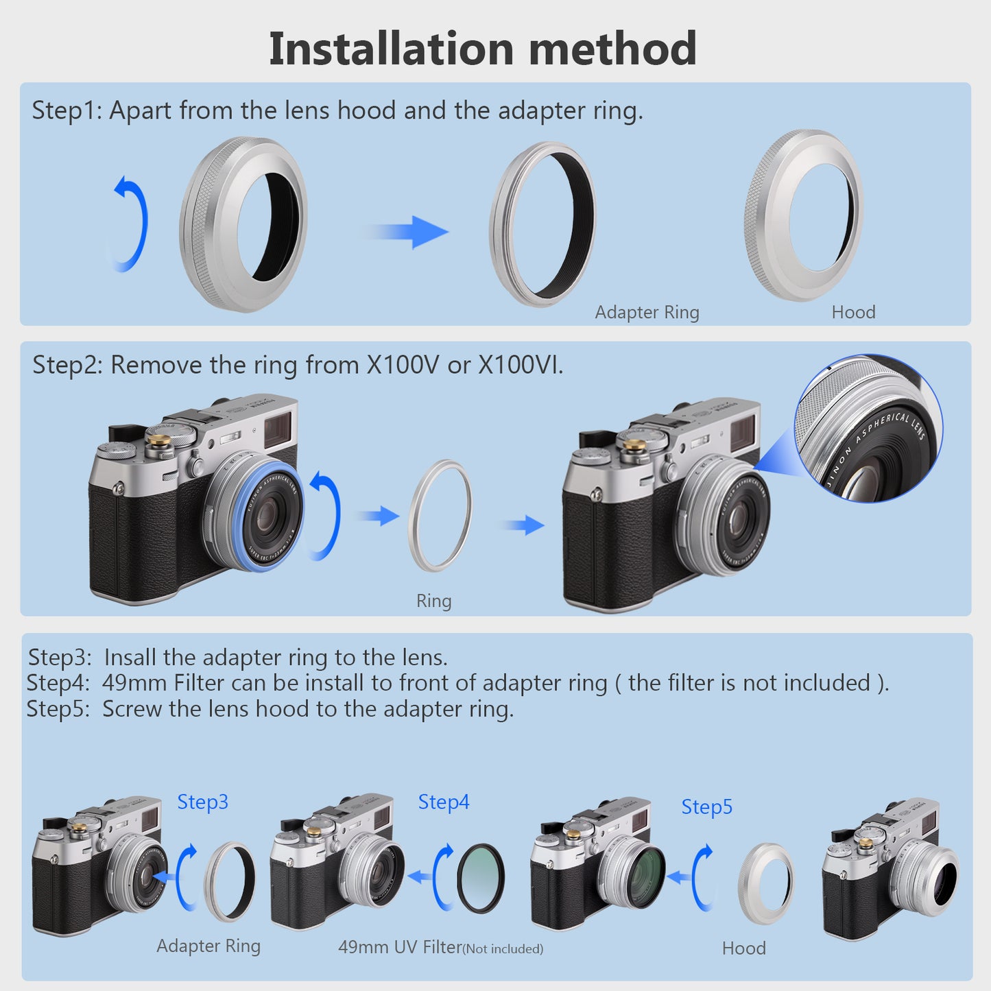 Haoge 2in1 All Metal Ultra-Thin Lens Hood with Adapter Ring Set for Fujifilm Fuji X100VI X100V Camera Silver LH-X51W