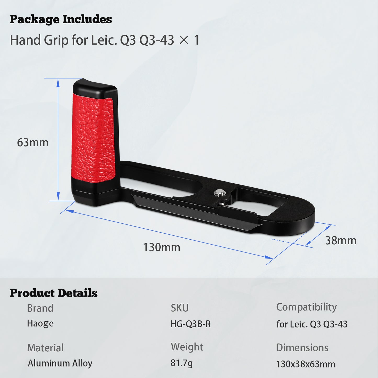 Haoge Handle HandGrip for Leica Q3 Q3-43 Digital Camera Body Accessories L-Shape Grip Bracket Red HG-Q3B-R