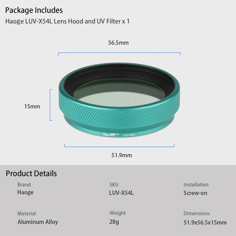 Haoge Metal Lens Hood with MC UV Protection Multicoated Ultraviolet Lens Filter for Fujifilm Fuji X100VI Camera Green LUV-X54L