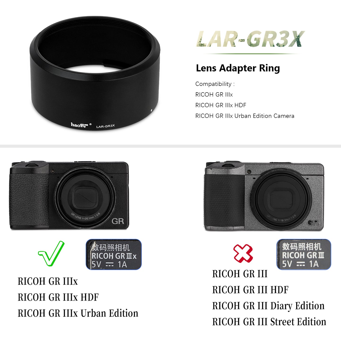 Haoge LAR-GR3X Lens Filter Adapter Ring for RICOH GR3X/GRIIIX Digital Compact Camera for GT-2 GW4 Wide Conversion Lens replaces GA-2