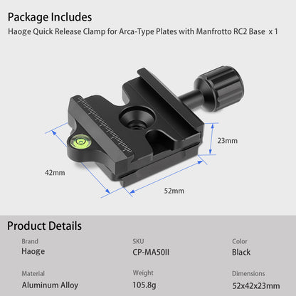 Haoge Quick Release QR Clamp Adapter Convertor for Manfrotto RC2 System to Arca-Swiss Compatible