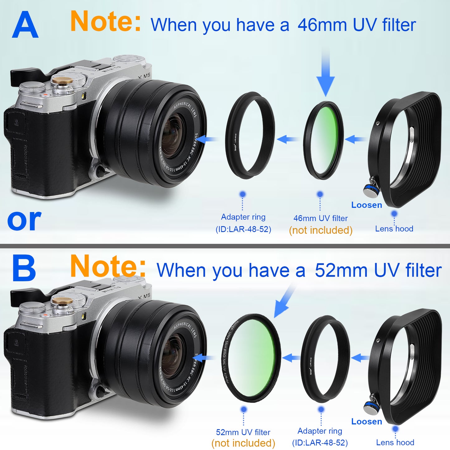 Haoge 52mm Square Metal Lens Hood Shade for Fujifilm XC15-45 mm on XM5 XT50 X-S20 XT30II for Nikon Z 40mm f/2, Z 28mm f/2.8 Len Cemera Body kit Accessories Screw-in Lens Hood fit 52mm UV Filters and Lens Cap