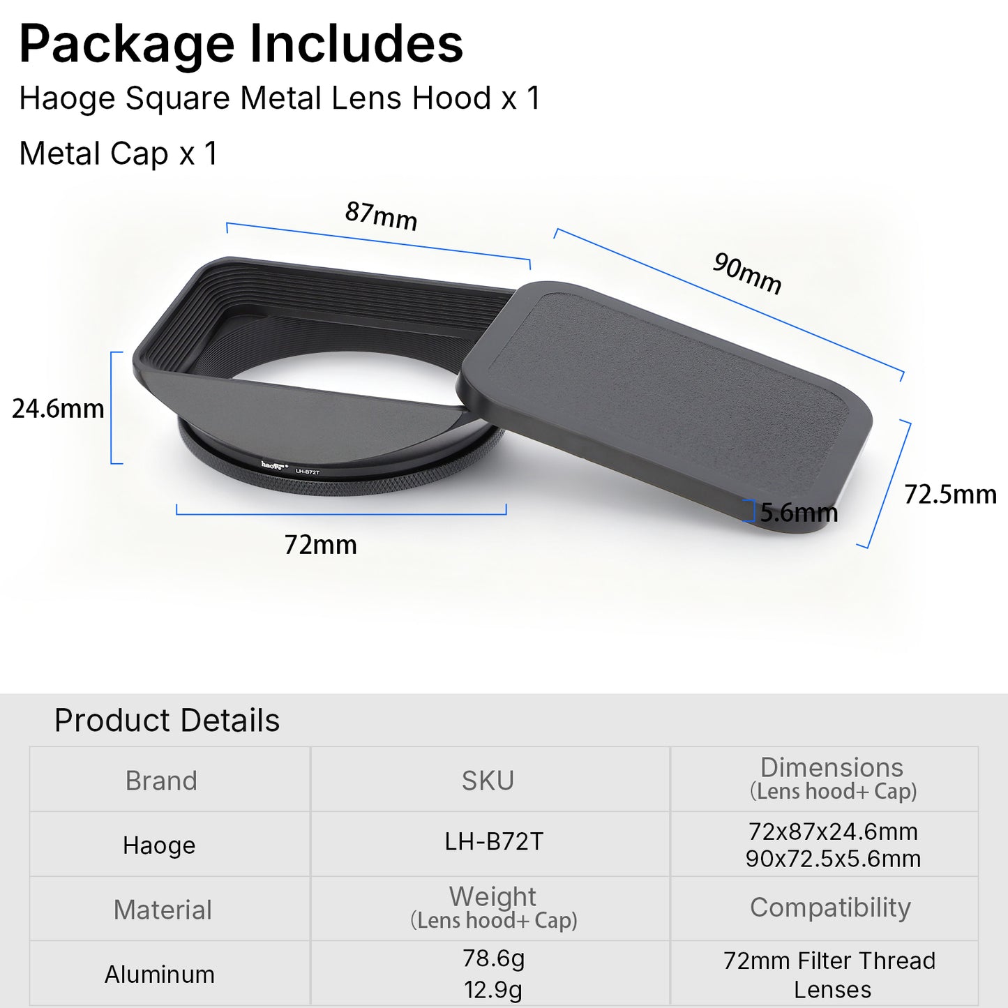 Haoge 72mm Square Metal Screw-in Mount Lens Hood Shade with Cap for Hasselblad XCD 25V F2.5/XCD 38V F2.5/XCD 55V F2.5/XCD 75P F3.5/XCD 90V F2.5 Lens and Other 72mm Filter Thread Lens