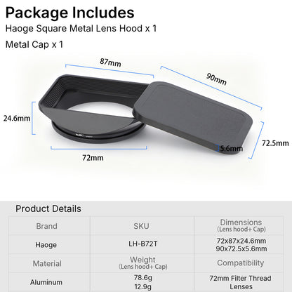 Haoge 72mm Square Metal Screw-in Mount Lens Hood Shade with Cap for Hasselblad XCD 25V F2.5/XCD 38V F2.5/XCD 55V F2.5/XCD 75P F3.5/XCD 90V F2.5 Lens and Other 72mm Filter Thread Lens