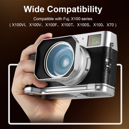 Haoge new version Square Metal Lens Hood for Fujifilm X100VI Fuji X100V X100F X100T X100S X70 Fuji Photo Camera Accessories with 49mm UV Filter Adapter Ring LH-X1006S Silver